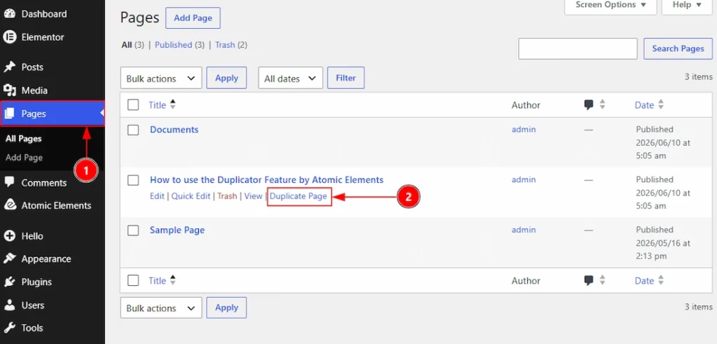 After Enabling the Duplicator Feature - Visual of the Pages Tab 01