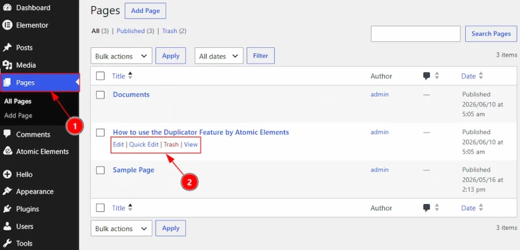 Before Enabling the Duplicator Feature - Visual of the Pages Tab